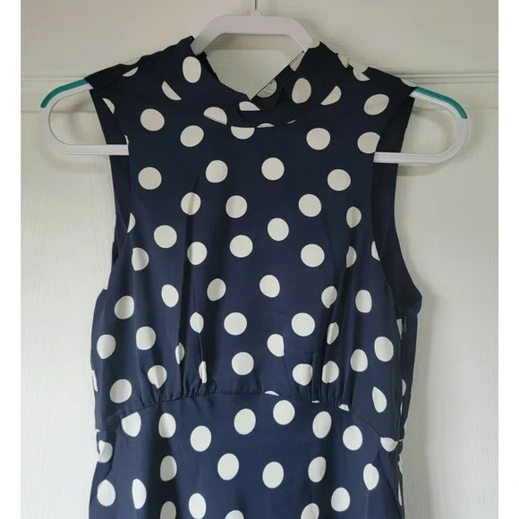 Most Of All Coralie Satin Sleeveless Midi Dress Navy Blue White Polka Dot Size 4 - Picture 4 of 10